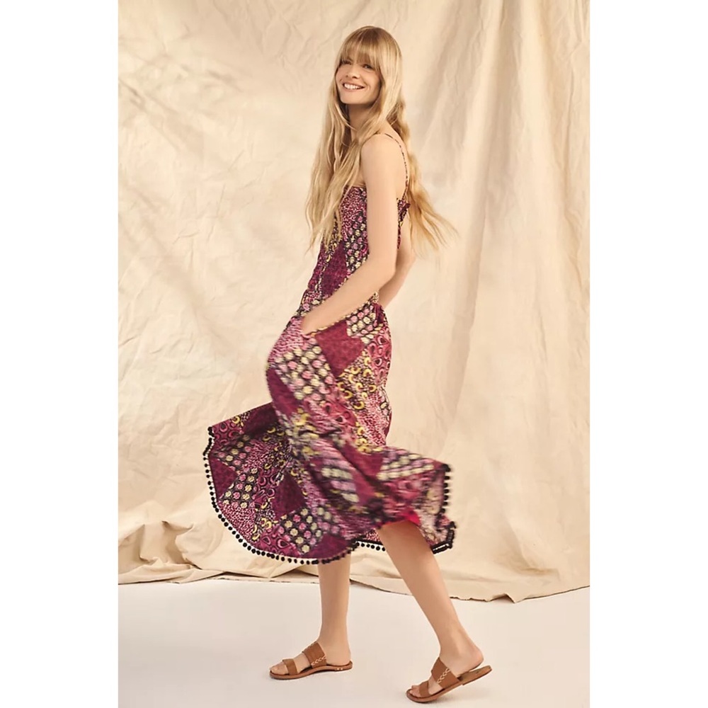 NWT RARE ANTHROPOLOGIE ABSTRACT SMOCKED POMMED MIDI DRESS - Picture 5 of 7